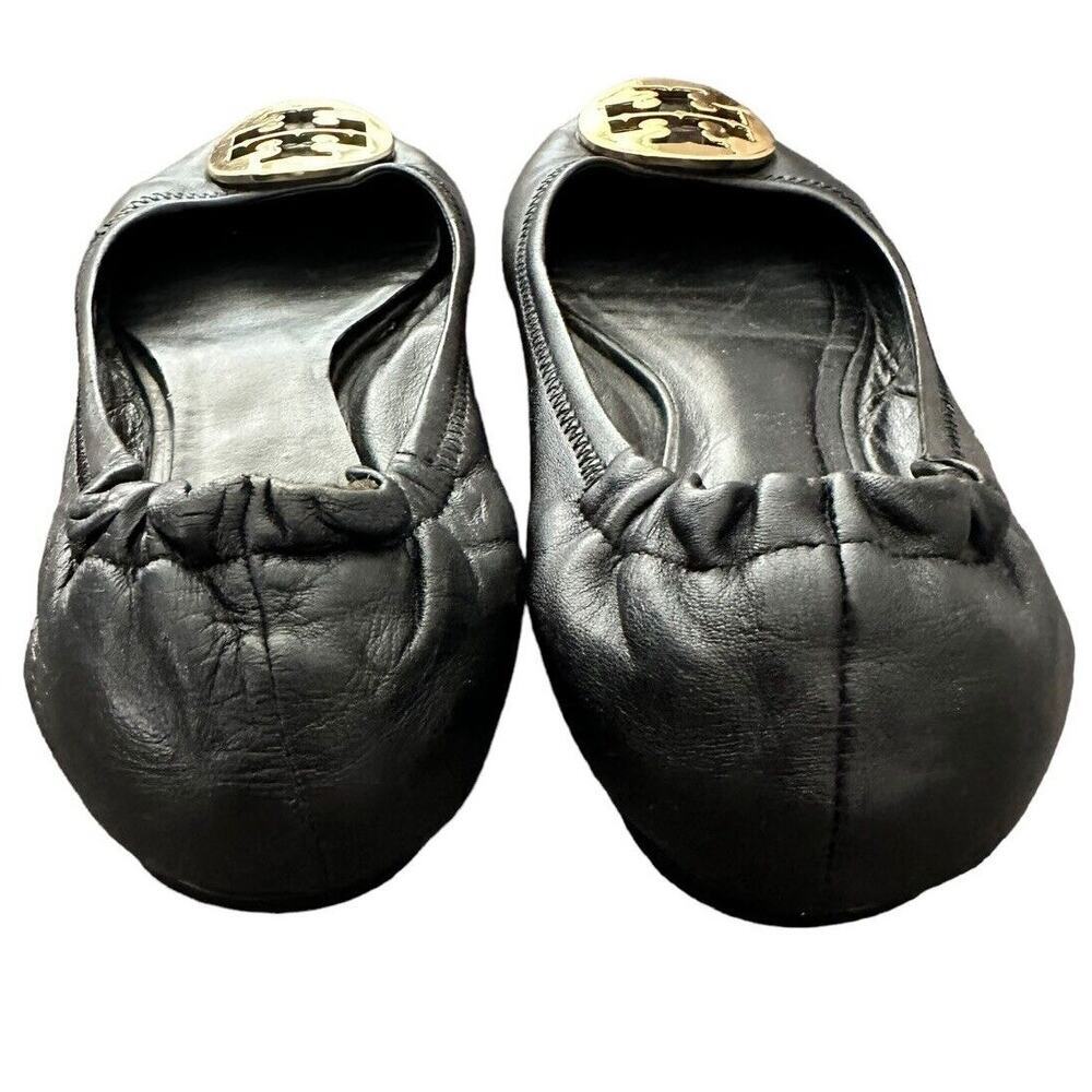 Tory Burch Reva Black Leather Gold Logo Medallion Ballet Flats Size 7 - Picture 4 of 12